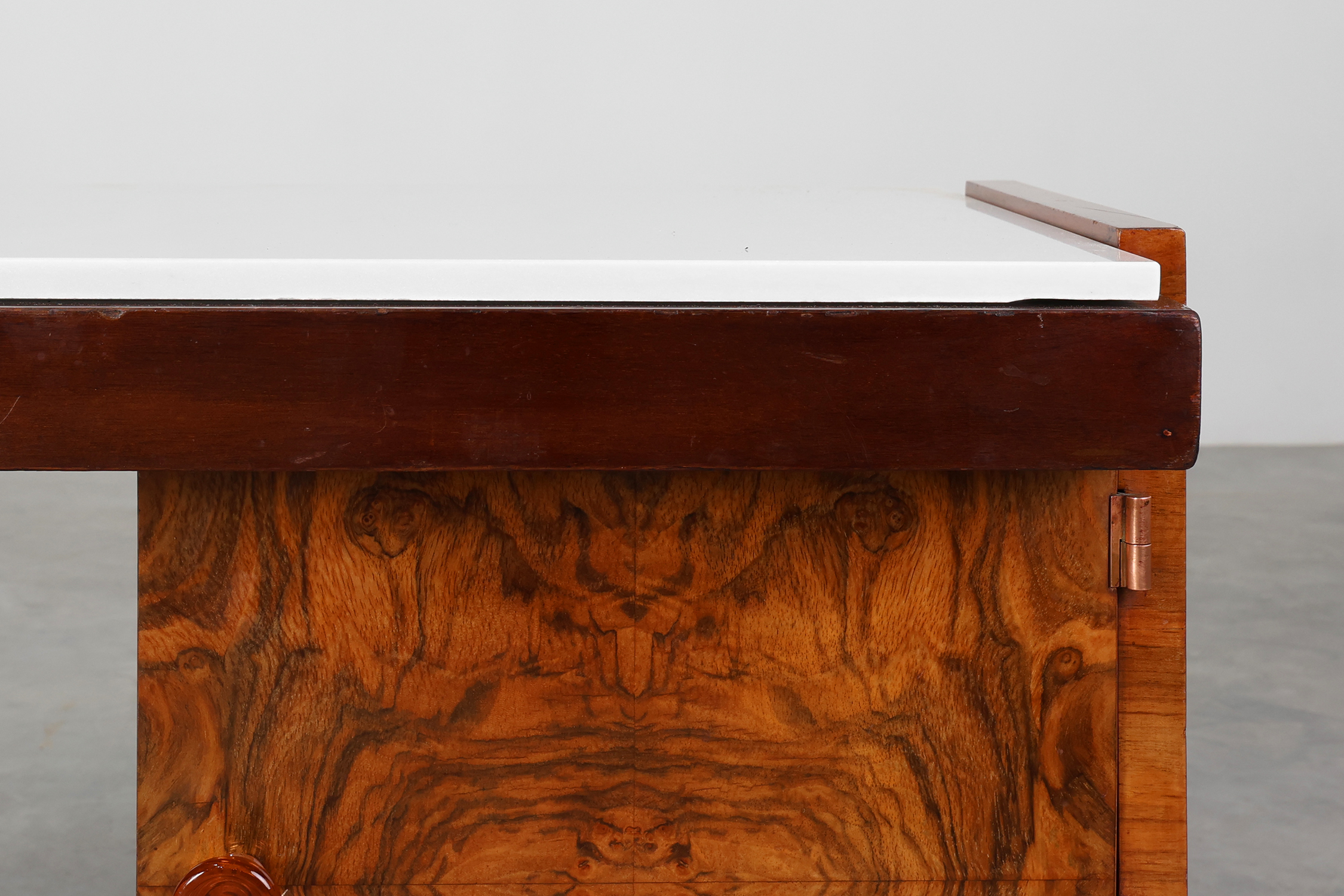 Belgian Art Deco Cabinet in Burl Veneer with Marble and Glass, circa 1930thumbnail